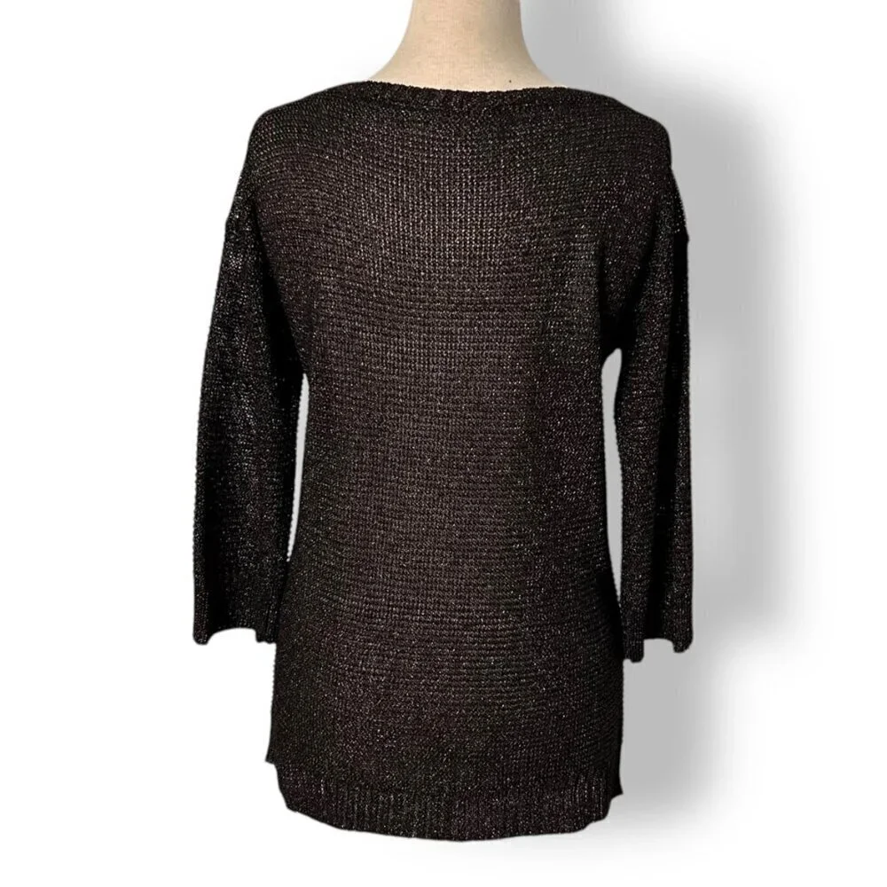 Lauren Vidal Shimmer 3/4 Sleeve Knit Sweater Black Brown Scoop Neck Size S